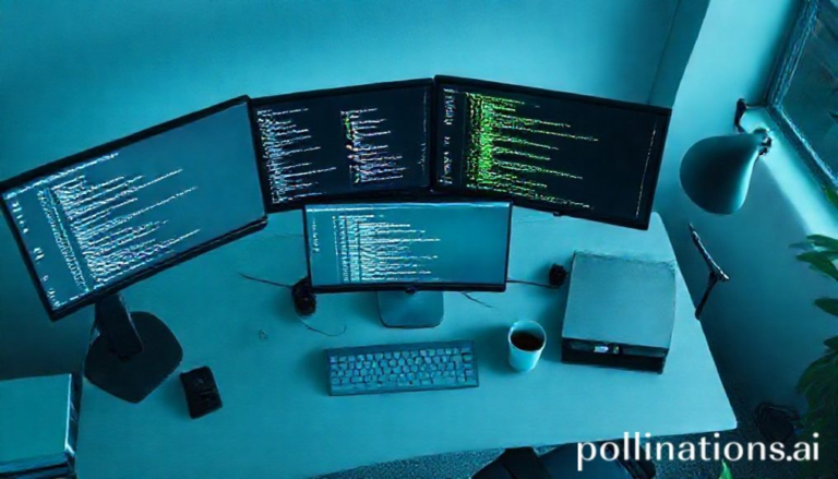 a developer's desk setup with multiple monitors displaying code, a command-line interface (terminal) showing WP-CLI commands, and a coffee cup, modern minimalist office, blue and green color scheme, focused and productive atmosphere, ultra realistic, highly detailed, 8k quality, photorealistic